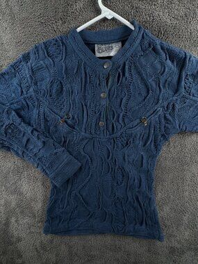COOGI Blues Authentic Women Sweater Knit Pullover Blue Medium Cotton Henley